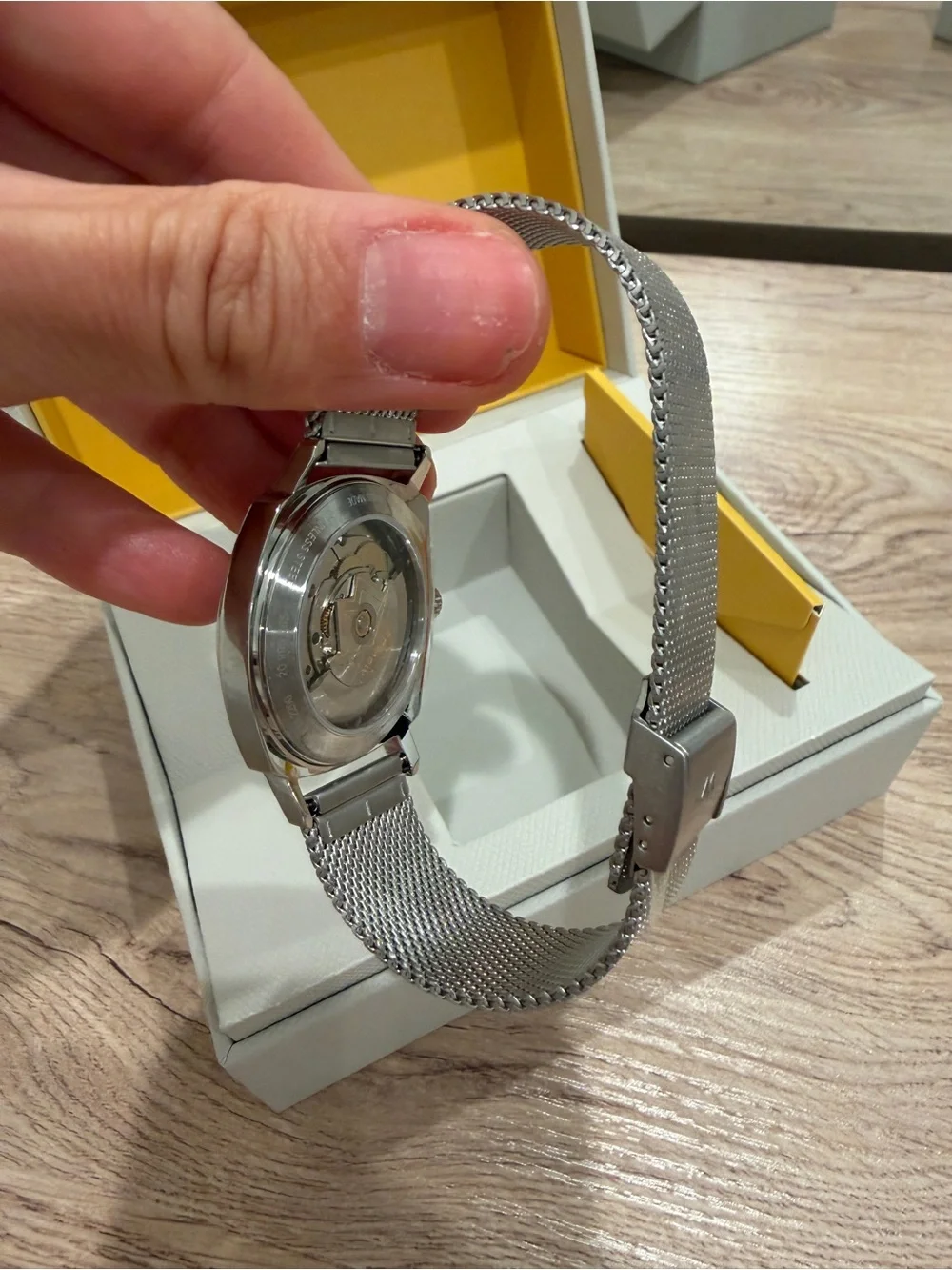 Movado Silver Watch with Green Dial and Mesh Bracelet